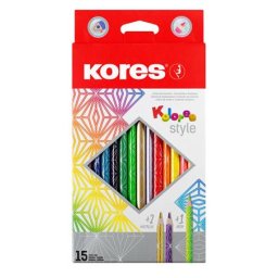 KORES Színes ceruza készlet, háromszögletű, KORES "Kolores Style", 15 különböző szín