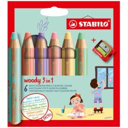 STABILO Színes ceruza készlet, kerek, vastag, STABILO "Woody 3 in 1 Pastel", 6 különböző pasztell szín