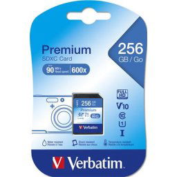 VERBATIM Memóriakártya, SDXC, 256GB, CL10/U1, 90/10 MB/s, VERBATIM "Premium"