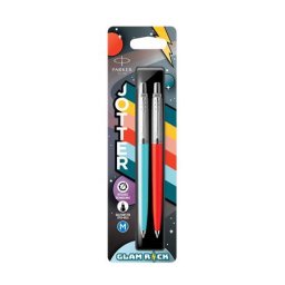 PARKER Golyóstoll szett, 0,7 mm, ezüst színű klip, piros és kék tolltest, PARKER "Jotter Glam Rock", kék