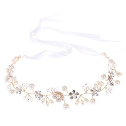 Kézzel készített, virág díszes esküvői hajdrót, gyöngyökkel - arany