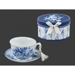 Teáscsésze + kistányér kék virágos díszdobozban TEA005