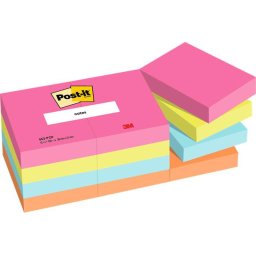 3M POSTIT Öntapadó jegyzettömb, 38x51 mm, 12x100 lap, 3M POSTIT "Poptimistic", vegyes színek