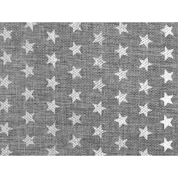 Karácsonyi mintás juta imitáció, 140cm széles, szürke, ezüst hópelyhekkel, 0.5m, 380498