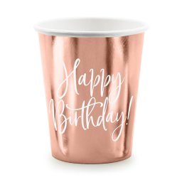 Party pohár, rose gold, happy b'day felirattal, 6 db, 260 ml