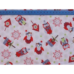 Karácsonyi baglyos anyag, német patchwork pamutvászon, 140cm/0,5m