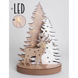 Álló natur fenyőfa szarvassal - LED-es - 25x9 cm