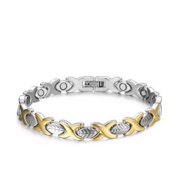 Nemesacél mágneses karkötő, levél alakú elemekkel - Arany-ezüst