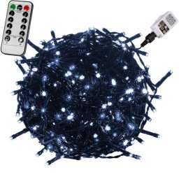 LED fényfüzér hideg fehér 60m (600 LED) zöld kábel, távirányítóval