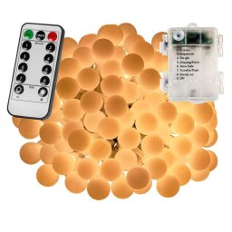 Kültéri LED elemes fényfüzér gömb izzókkal – 5m – 50 LED, meleg fehér