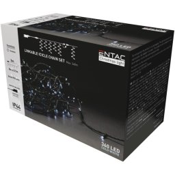 Karácsonyi IP44 360 LED sorolható jégcsapfüzér, hideg fehér, 8 m szett adapterrel