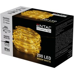Karácsonyi IP44 200 LED PVC bevonatú meleg fehér füzér, 20 m, 8 program