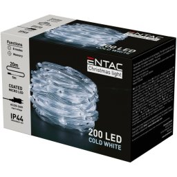 Karácsonyi IP44 200 LED PVC bevonatú hideg fehér füzér, 20 m, 8 program