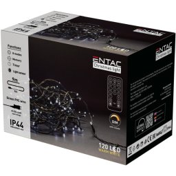 Karácsonyi IP44 120 LED füzér, meleg fehér, 9 m, távirányítóval, hálózati, 8 program