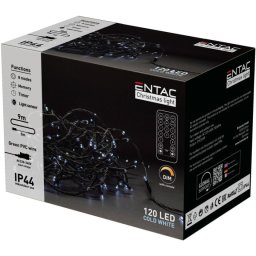 Karácsonyi IP44 120 LED füzér, hideg fehér, 9 m, távirányítóval, hálózati, 8 program