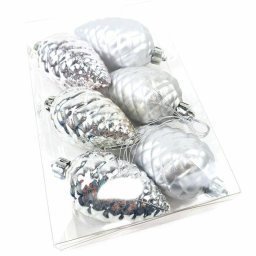 Karácsonyfa dísz toboz, 7 cm - ezüst - 6 db / csomag