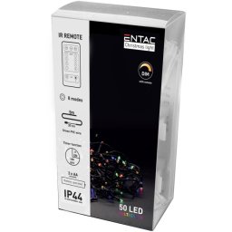 Karácsonyi IP44 Füzér 50 LED, távirányítóval, többszínű (RGB), 5 m, elemes