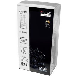 Karácsonyi IP44 Füzér 50 LED, távirányítóval, hideg fehér, 5 m, elemes