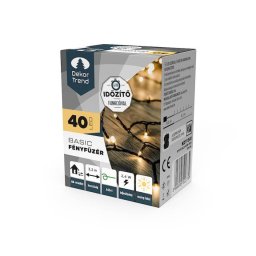 Basic 40 LED fényfüzér timer funkcióval, meleg fehér, elemes