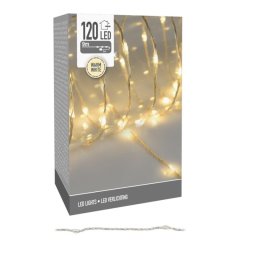 9 méteres, 120 LED-es átlátszó kábeles fénylánc, hálózati adapterrel - meleg fehér