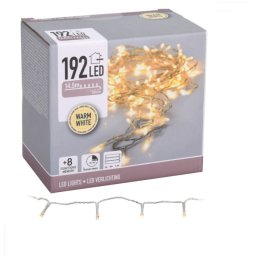 192 LED-es fényfüzér, 8 funkciós, átlátszó kábeles, kül- és beltéri, elemes - meleg fehér