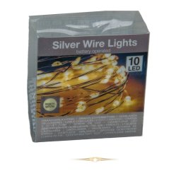 10 LED-es ezüst drótkábeles fényfüzér elemes (elemmel) meleg