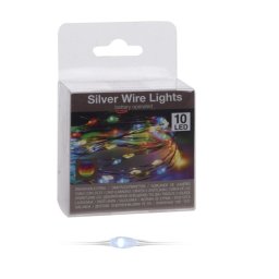 10 LED-es ezüst drótkábeles fényfüzér elemes (elemmel) - többszínű (RGB)