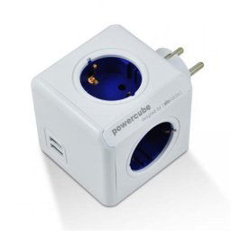 Elosztó, 4 aljzat, 2 USB csatlakozó, ALLOCACOC \PowerCube Original USB DE\, fehér-kék