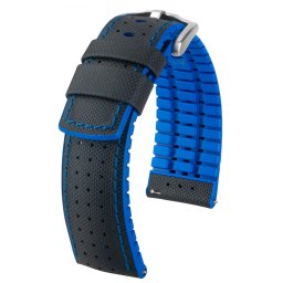 Hirsch Robby borjúbőr/kaucsuk óraszíj, fekete/kék, 20/18L