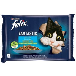 FELIX FANTASTIC Lazaccal és cukkinivel/Pisztránggal és zöldbabbal aszpikban nedves macskaeledel 4x85g