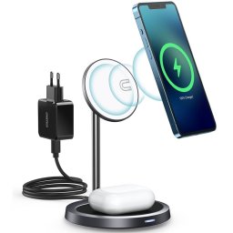 Choetech 2in1 mágneses (MagSafe kompatibilis) Qi vezeték nélküli töltőállomás 15W adapterrel (szürke)