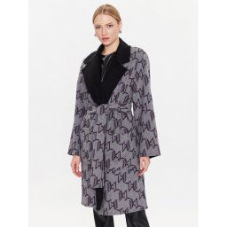 KARL LAGERFELD Gyapjú kabát Monogram 226W1500 Fekete Regular Fit