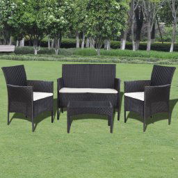vidaXL 4-részes fekete polyrattan kerti bútorszett párnákkal