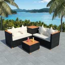 vidaXL 4-részes fekete polyrattan kerti bútorszett párnákkal