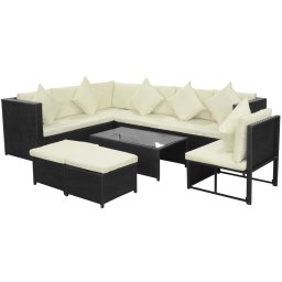 vidaXL 8-részes fekete polyrattan kerti bútorszett párnákkal