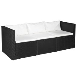 vidaXL fekete háromszemélyes polyrattan kerti kanapé fehér párnákkal