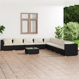 vidaXL 10 részes fekete polyrattan kerti ülőgarnitúra párnákkal