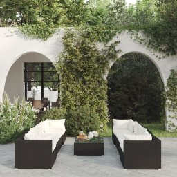 vidaXL 9 részes fekete polyrattan kerti ülőgarnitúra párnákkal