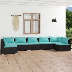 vidaXL 7 részes fekete polyrattan kerti ülőgarnitúra párnákkal