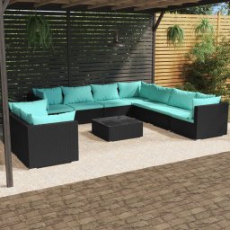 vidaXL 10 részes fekete polyrattan kerti ülőgarnitúra párnákkal