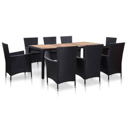 vidaXL 9-részes fekete polyrattan kültéri étkezőszett párnákkal