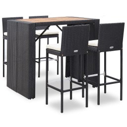 vidaXL 5 részes fekete kültéri polyrattan és akácfa bárgarnitúra
