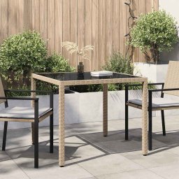 vidaXL bézs polyrattan és edzett üveg kerti asztal 90 x 90 x 75 cm