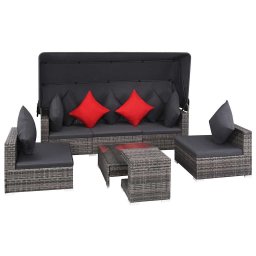 vidaXL 7-részes szürke polyrattan kerti bútorszett párnákkal