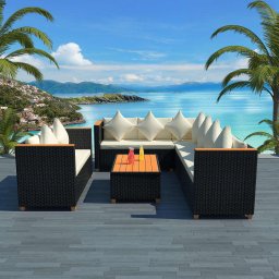 vidaXL 5-részes fekete polyrattan kerti bútorszett párnákkal