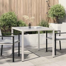 vidaXL fehér polyrattan és edzett üveg kerti asztal 90 x 90 x 75 cm