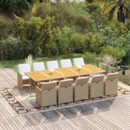 vidaXL 11 részes bézs polyrattan kerti étkezőgarnitúra párnákkal