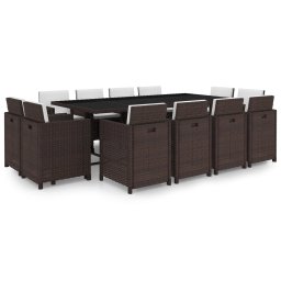 vidaXL 13-részes barna kültéri polyrattan étkezőszett párnákkal