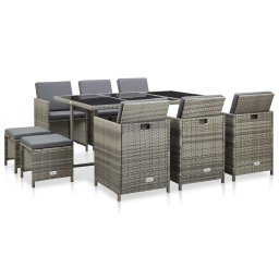vidaXL 11 részes szürke polyrattan kültéri étkezőszett párnákkal