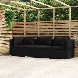 vidaXL fekete háromszemélyes polyrattan kanapé párnákkal